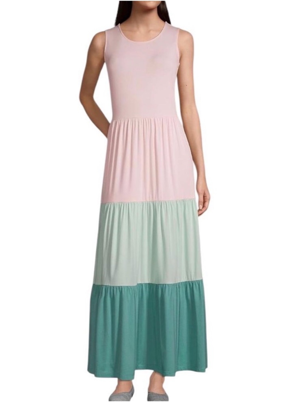 Lands' End Pink and Mint Tiered Sleeveless Maxi Dress